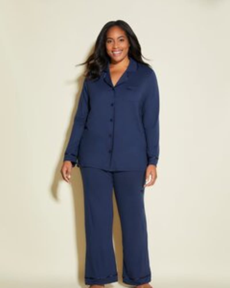 Front of a model wearing a size M Long-Sleeve Top and Pant Sleep Set in Navy/Navy by Cosabella. | dia_product_style_image_id:253600